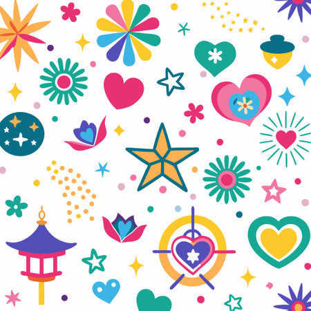 Bright and colorful illustration of various shapes, hearts, stars, and flowers.のイラスト素材