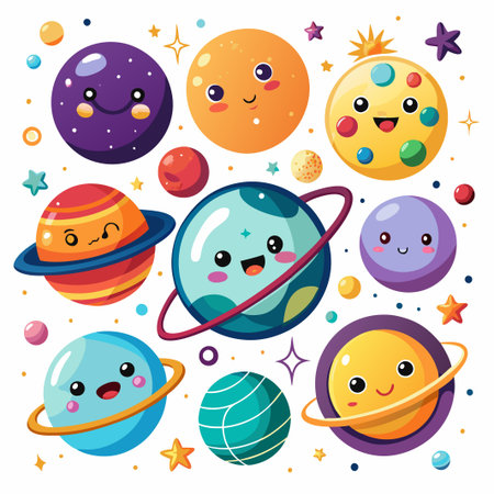 Cute cartoon planets with smiling faces, stars and rings.のイラスト素材