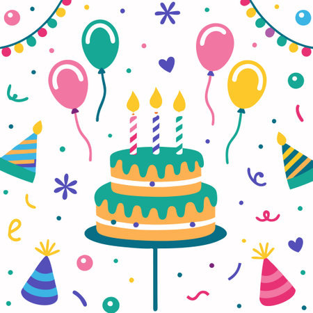 Colorful birthday cake with candles, balloons and party hats.