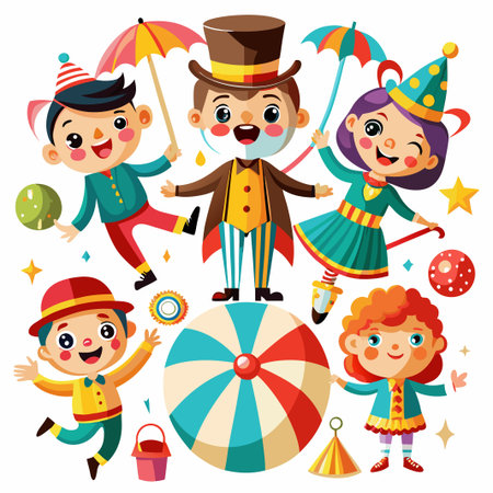 Five cute cartoon clowns performing in a circus show.のイラスト素材
