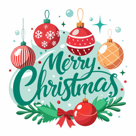 Merry Christmas greeting with red and gold baubles, green leaves and a red bow.のイラスト素材