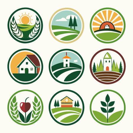 Nine colorful farm-themed icons in a circle.のイラスト素材