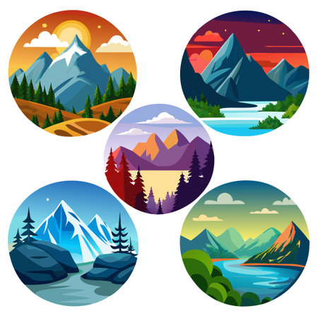 Five circular landscape illustrations of mountain ranges with varying skies and times of day.のイラスト素材