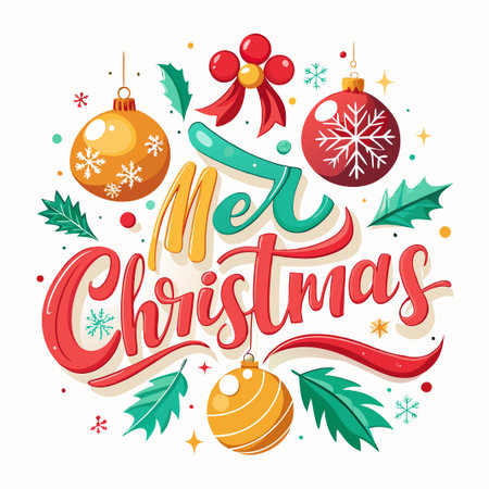 Merry Christmas greeting with ornaments, snowflakes, and holly leaves.のイラスト素材