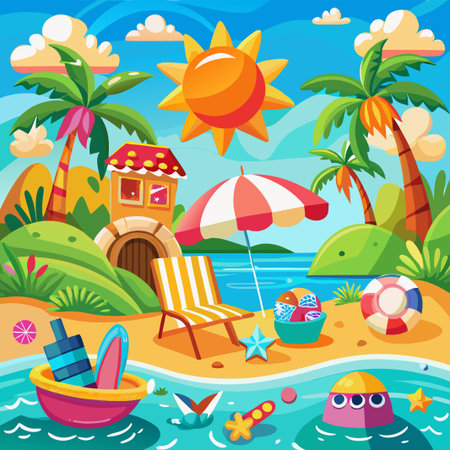 A cartoon beach scene with a palm tree, a beach chair, an umbrella, a beach house, and a surfboard.のイラスト素材