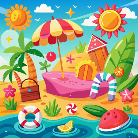 A cartoon beach scene with a bright, sunny sky, a palm tree, an umbrella, a surfboard, a life preserver, and a watermelon in the ocean.のイラスト素材