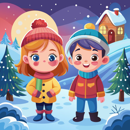 Happy cartoon boy and girl wearing winter clothes in a snowy landscape with a cabin.のイラスト素材
