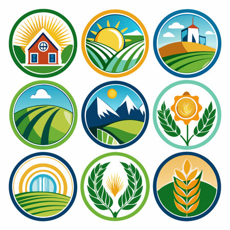 Set of 9 circular farm icons with different agricultural motifs, including houses, fields, mountains, flowers, and wheat.のイラスト素材