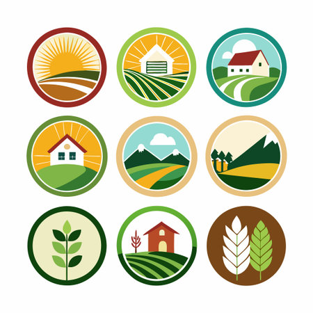 Nine colorful circular illustrations featuring rural landscapes, houses, mountains, and wheat.のイラスト素材