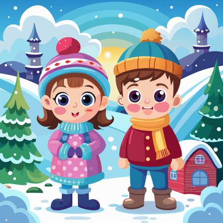 Cute cartoon kids in winter clothes stand in snow near a small house and trees.のイラスト素材