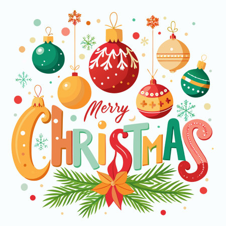 Colorful Christmas baubles and ornaments with Merry Christmas text and pine branches on white background.のイラスト素材