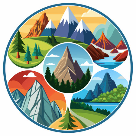 Circular illustration of mountains, forests, and lakes.のイラスト素材