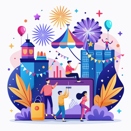 Festive celebration with a colorful tent, fireworks, and people.のイラスト素材