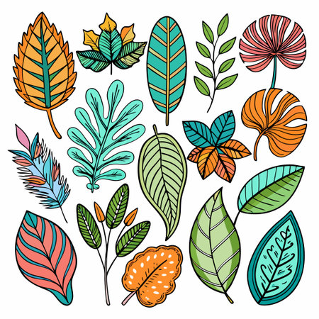 A set of colorful and hand-drawn leaves.のイラスト素材