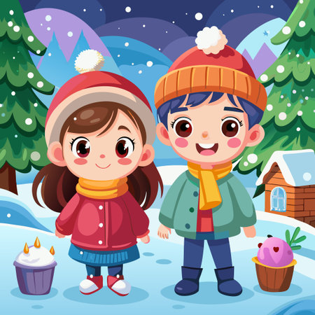 Two kids in winter clothes stand in snowy landscape.のイラスト素材