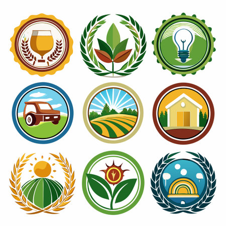 Set of 9 colorful badges with various nature symbols in circles and wreaths.のイラスト素材