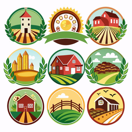 Collection of nine circular farm icons.のイラスト素材