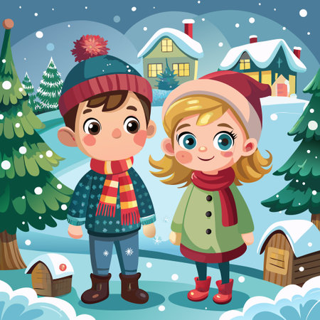 Two kids in winter clothes standing outside a snowy village.のイラスト素材