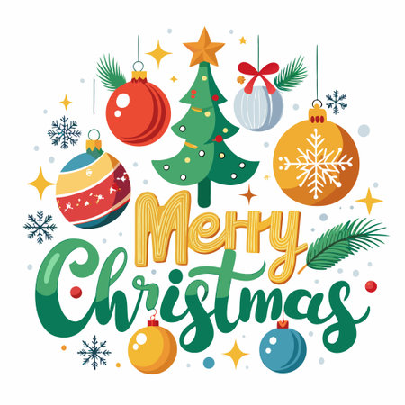 Merry Christmas greeting card with a Christmas tree and ornaments.のイラスト素材