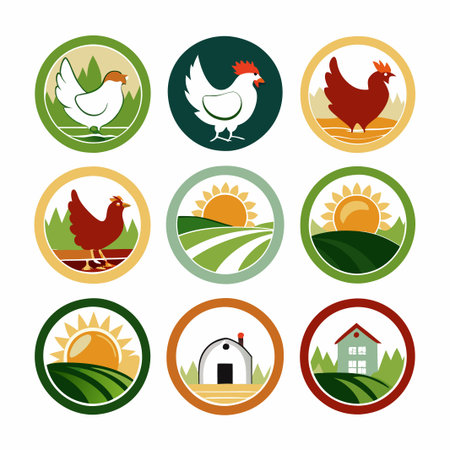 A set of nine circular icons, each depicting a different aspect of rural life, such as hens, a farmhouse, and fields.のイラスト素材