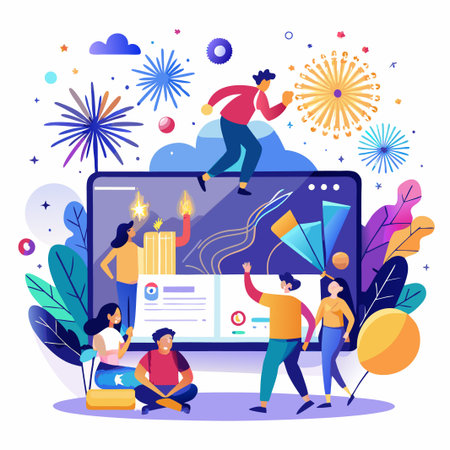 People looking at an app on laptop with fireworks celebration.のイラスト素材