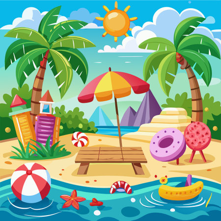 Cartoon beach scene with palm trees, beach chairs and umbrella.のイラスト素材