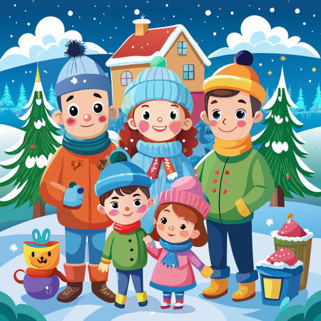 Happy family in winter clothing standing near snow covered house and trees.のイラスト素材