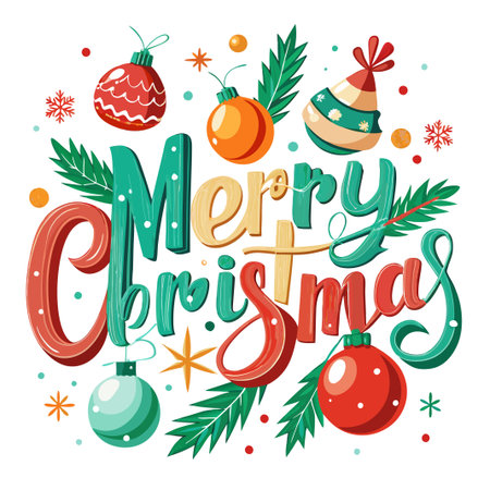Merry Christmas greeting with colorful ornaments and snowflakes.のイラスト素材