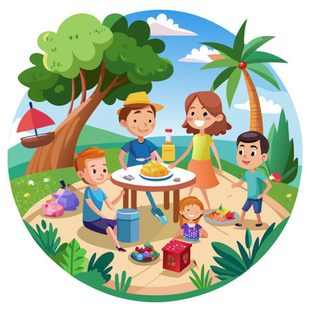Family enjoying a picnic lunch in the park.のイラスト素材