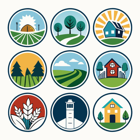 Nine circular icons featuring  farm, nature, and house imagery.のイラスト素材