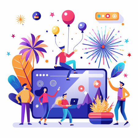 People celebrating success of their web project, with balloons, fireworks, and a big phone.のイラスト素材