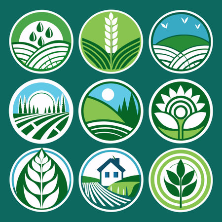 Set of nine green circular eco icons with nature elements.のイラスト素材
