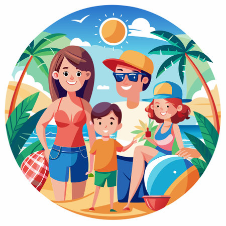 Happy family enjoying a sunny beach day together.のイラスト素材
