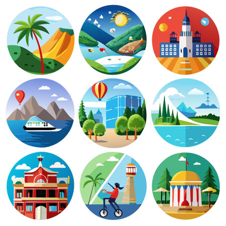 Set of nine round icons with various travel destinations.のイラスト素材