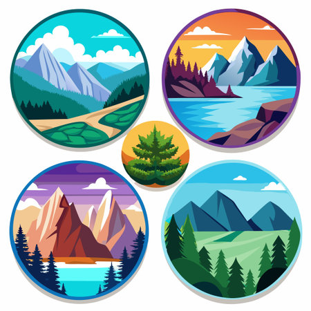 Five circular illustrations of mountain landscapes with various colors and styles.のイラスト素材