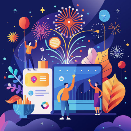 Two people celebrate success with fireworks while using a tablet.のイラスト素材