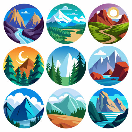 Nine circular icons with different mountain landscapes.のイラスト素材