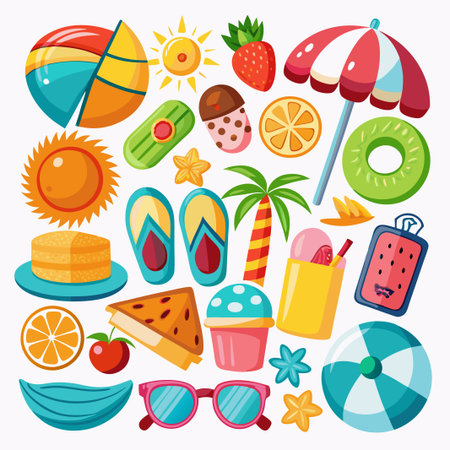 Colorful Summer Icons Beach, Sun, Fruit, and More.