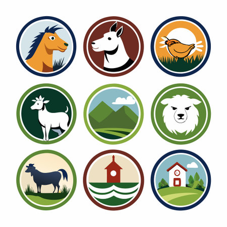 Nine colorful round icons with farm animals, nature and house images.のイラスト素材