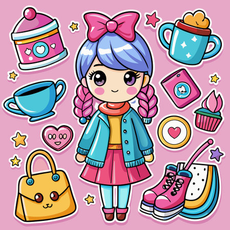 Cute girl cartoon illustration with colorful accessories.のイラスト素材