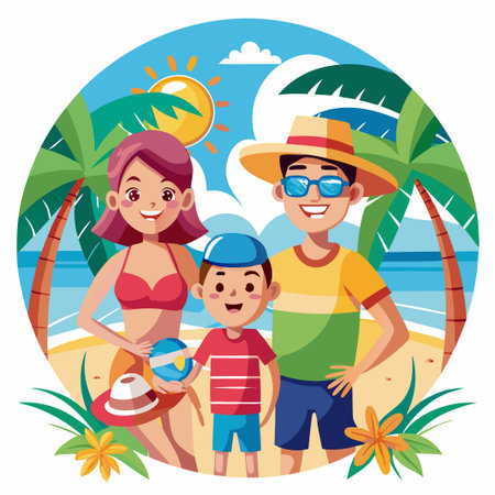 Happy family enjoying summer vacation at the beach.のイラスト素材