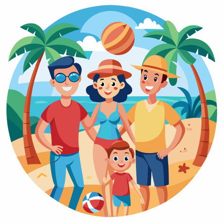 Happy family on a tropical beach with palm trees and a blue sky, enjoying their vacation.のイラスト素材