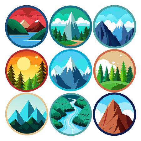 Nine round icons with various landscape designs. Each icon features a mountain, sky, trees, and water.のイラスト素材