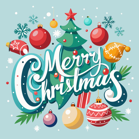 Merry Christmas with a festive tree and ornaments.のイラスト素材