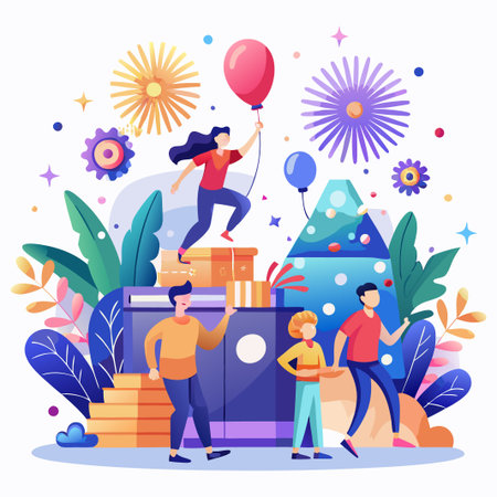 Happy people celebrating with balloons and gifts.のイラスト素材