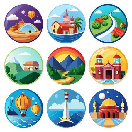 Nine colorful icons of different travel destinations.のイラスト素材