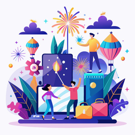 People celebrating with fireworks and hot air balloons.のイラスト素材