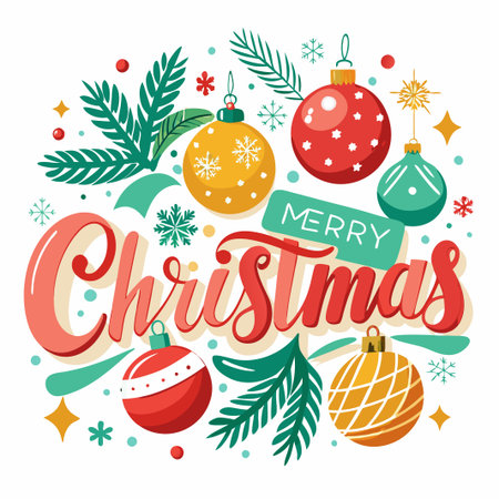 Festive Christmas greeting with ornaments and pine branches.のイラスト素材