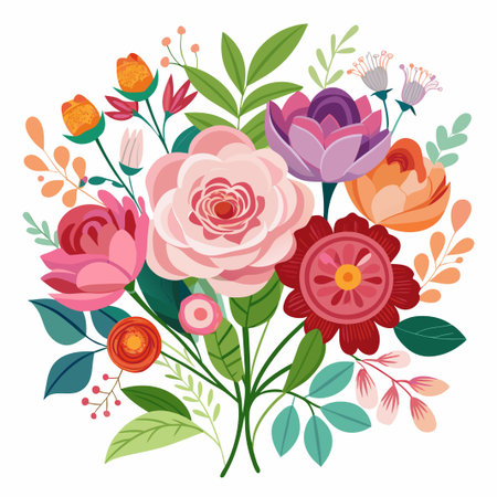Colorful floral bouquet with various flowers and leaves.のイラスト素材