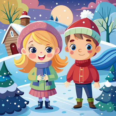Happy kids in winter clothes standing in the snow next to a tree and a house.のイラスト素材